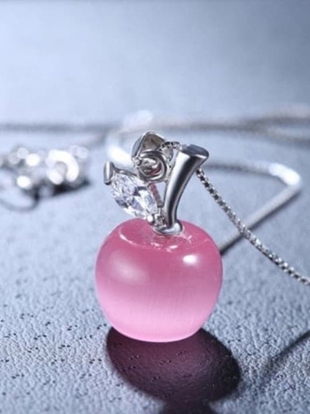 Pink, Red Crystal Apple Pendant Necklace Silver Chain Teacher Appreciation Gift